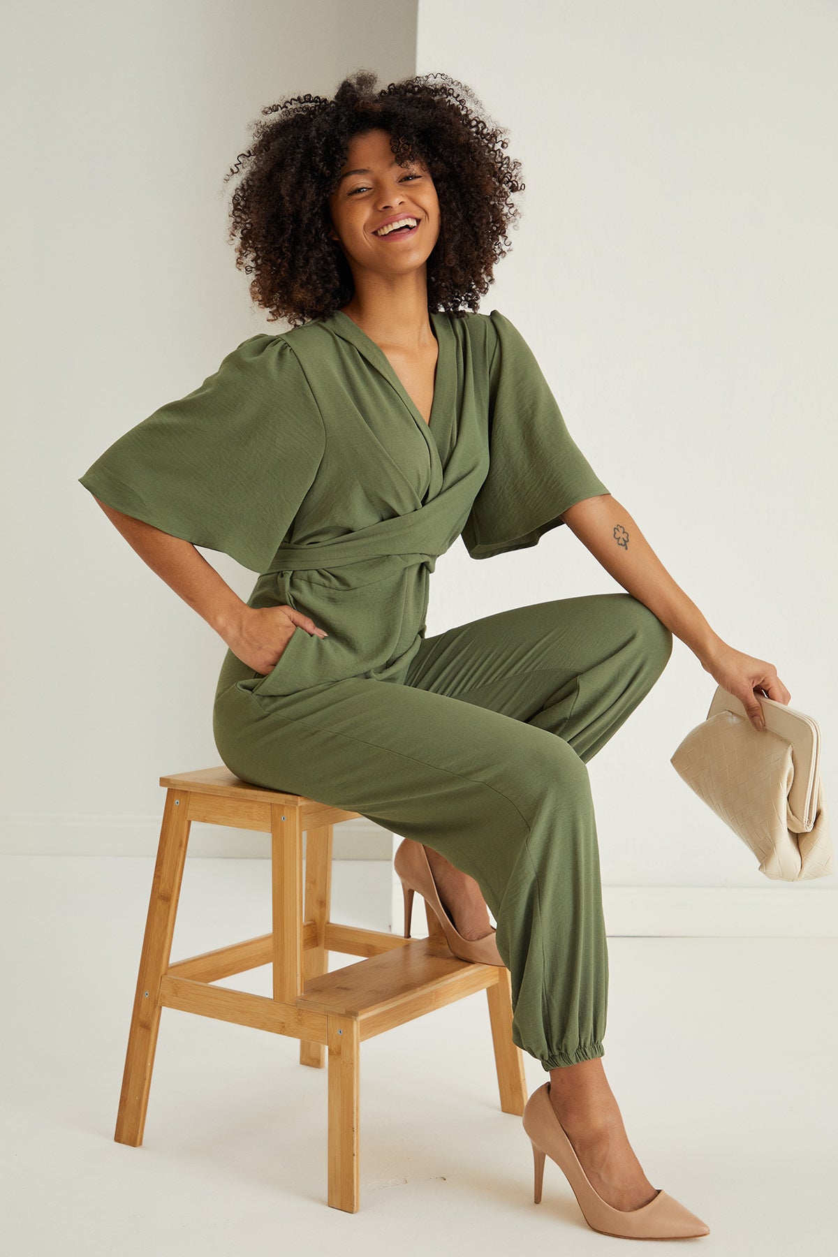 Jessica Angel Sleeve Wrap Jumpsuit in Khaki