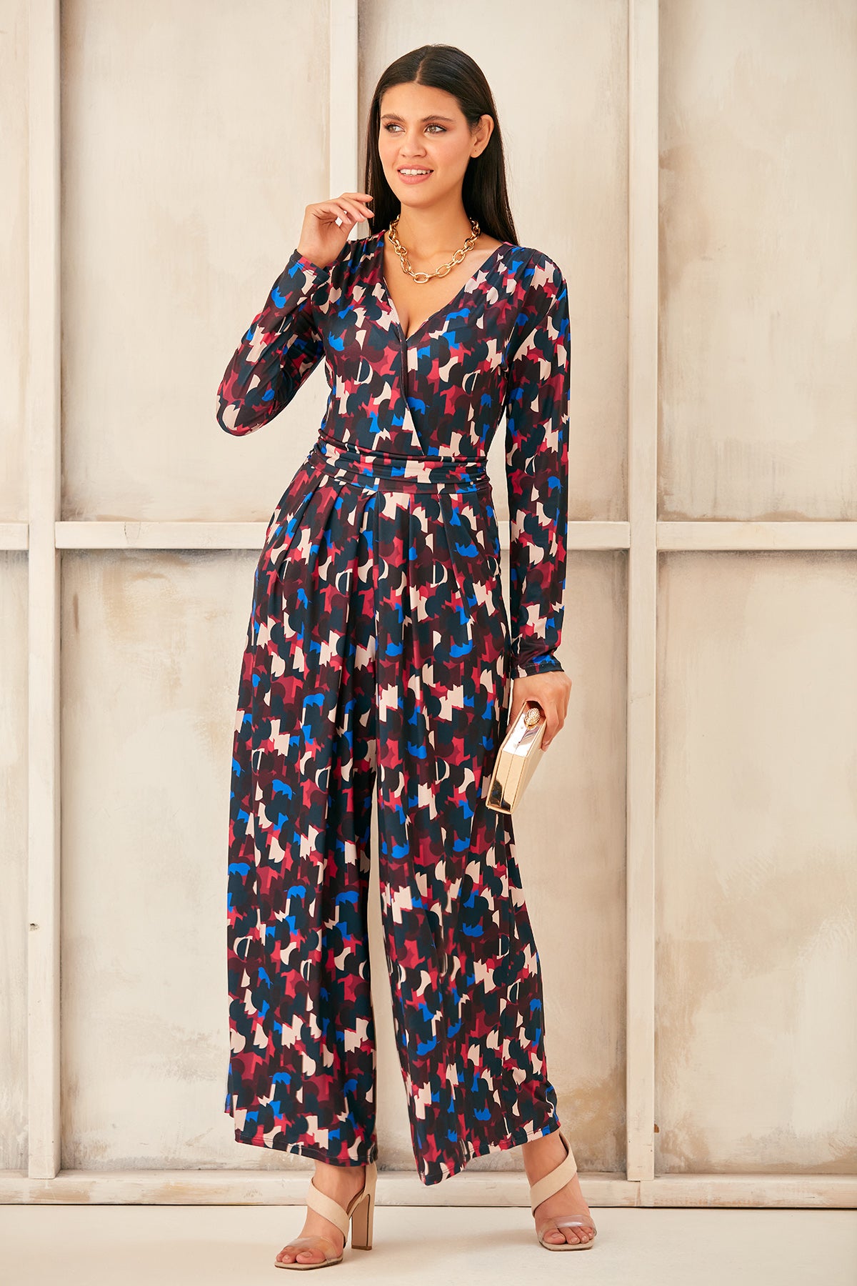 Wrap, Cullotte Jump Suit in Burgundy Geo Print  Size 10