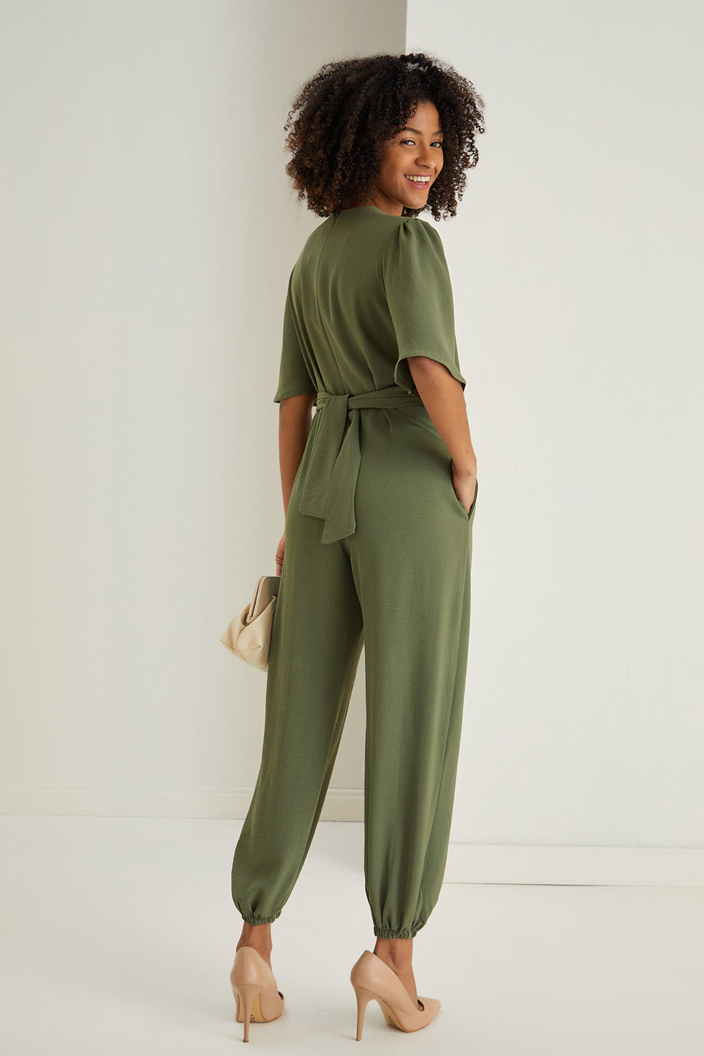 Jessica Angel Sleeve Wrap Jumpsuit in Khaki