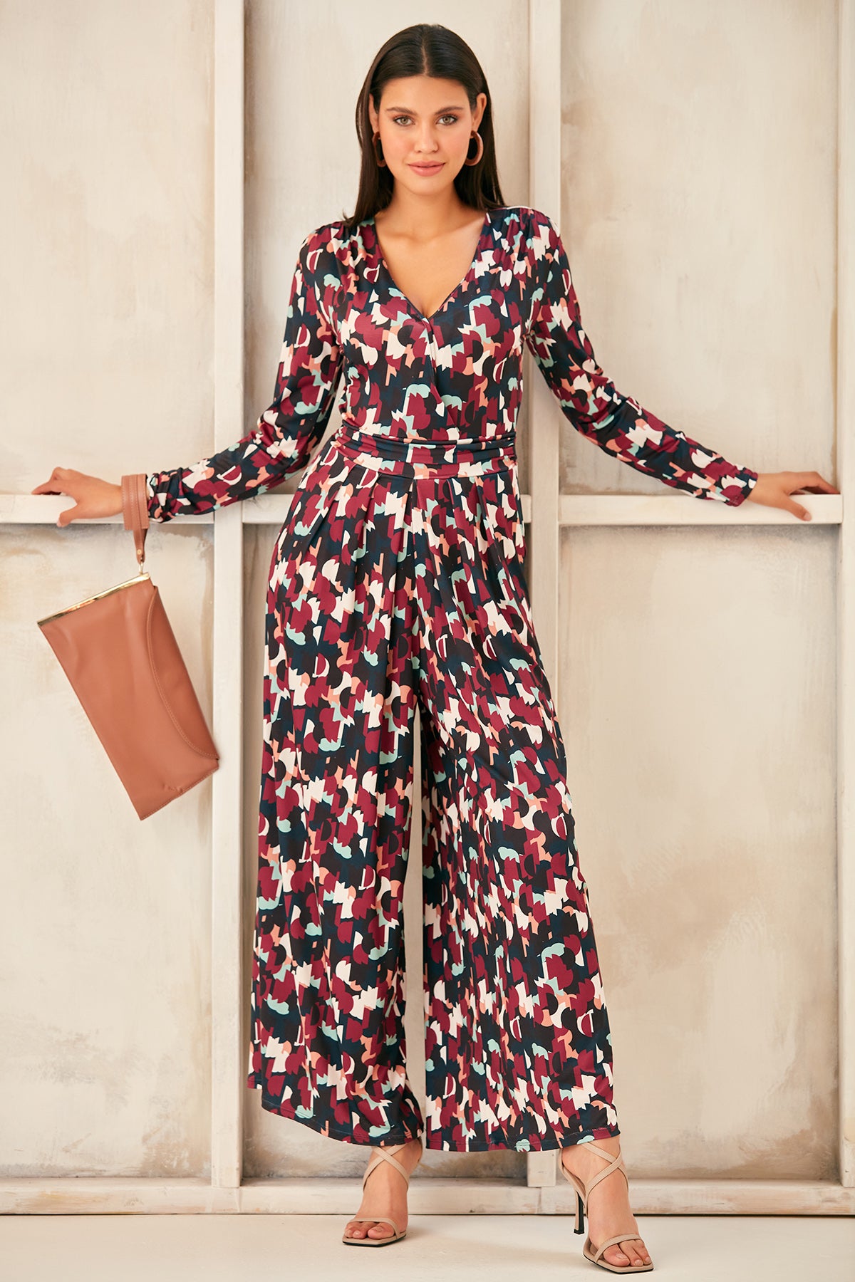 Wrap, Cullotte Jump Suit in Burgundy Geo Print  Size 10